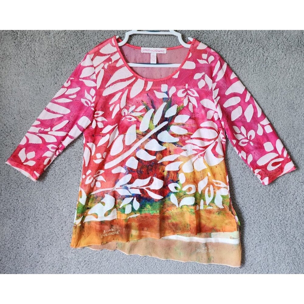 Leoma Lovegrove‎ Women's Sz PL 3/4 Sleeve Asymmetrical Hem Semi-Sheer Top Floral